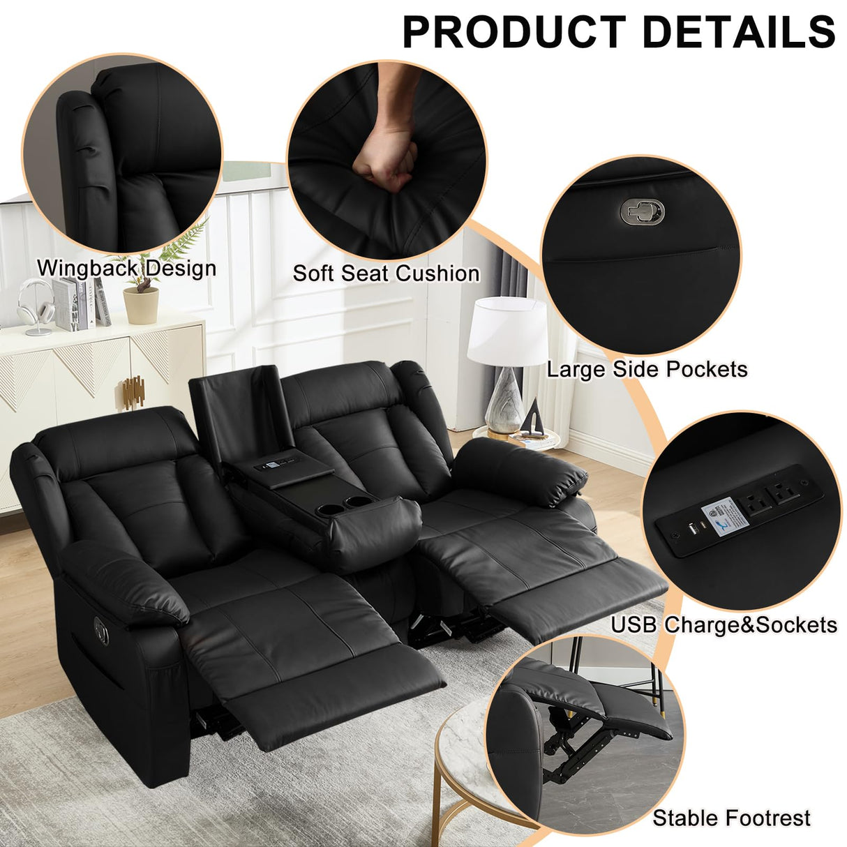 WISHDEER Loveseat Recliner Sofa, RV Recliner Couch, Manual Reclining Loveseat with Console for Living Room, Home Theater Seating with AC/USB C/USB and Drawer (Black, Loveseat with Console) WISHDEER