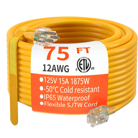 HUANCHAIN 75 ft 12/3 Gauge Heavy Duty Outdoor Extension Cord Waterproof with Lighted, Flexible Cold Weather 3 Prong Electric Cord Outside, 15A 1875W 125V 12AWG SJTW, Yellow, ETL Listed huanchain