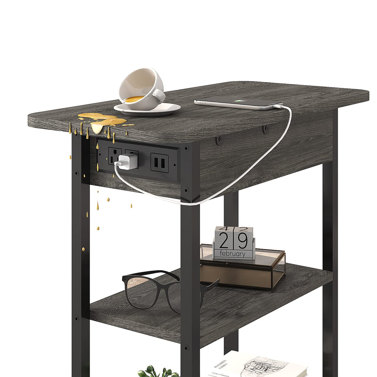 LIDYUK End Table with Charging Station, Flip Top Side Table with USB Ports and Outlets, Nightstand for Small Spaces, Bedside Tables with Storage Shelf for Living Room, Bedroom, Dark Grey LIDYUK