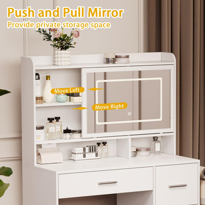 Viaozutis Vanity Desk with a Mirror and Lights，with Chair and Four Drawers, Three Adjustable Lighting Modes，with Power Outlet and Sliding LED Mirror,Bedroom Vanity Desk (White)