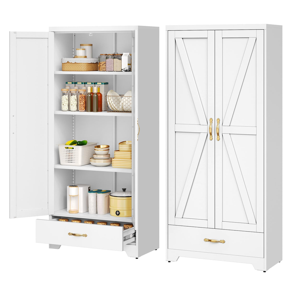YITAHOME 62" Kitchen Pantry Cabinet, Metal Storage Cabinets with Adjustable Shelves, Farmhouse Pantry Organizer with Door and Drawer for Dining Living Room, White YITAHOME