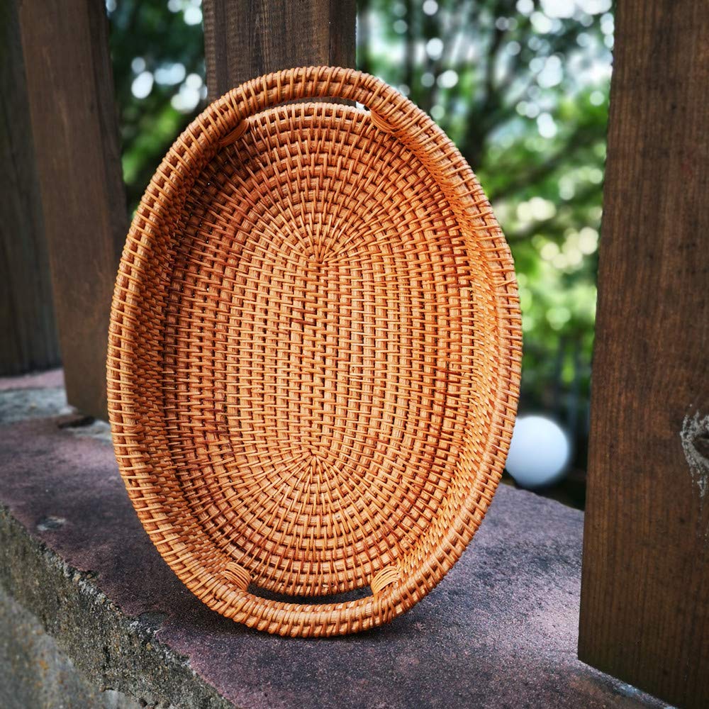 Small Handmade Rattan Basket, Oval Wicker Bowl, Rustic Serving Tray with Handles, Fruit Bowls, Table Organizers Storage Dish for Food, Catering, Catchall, Brown, S, 12.6 Inch amololo