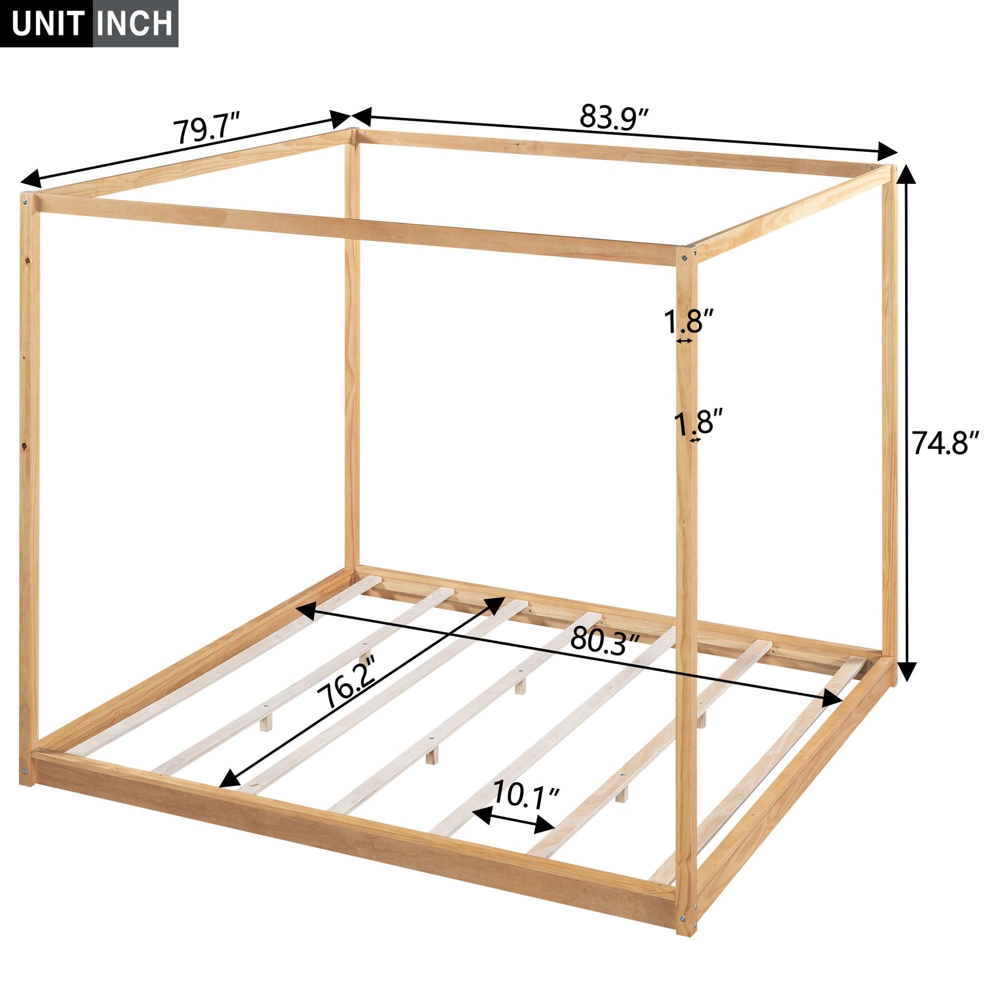 Stylish King Size Canopy Bed Frame in Natural Wood Finish with Slat Support - WoodArtSupply