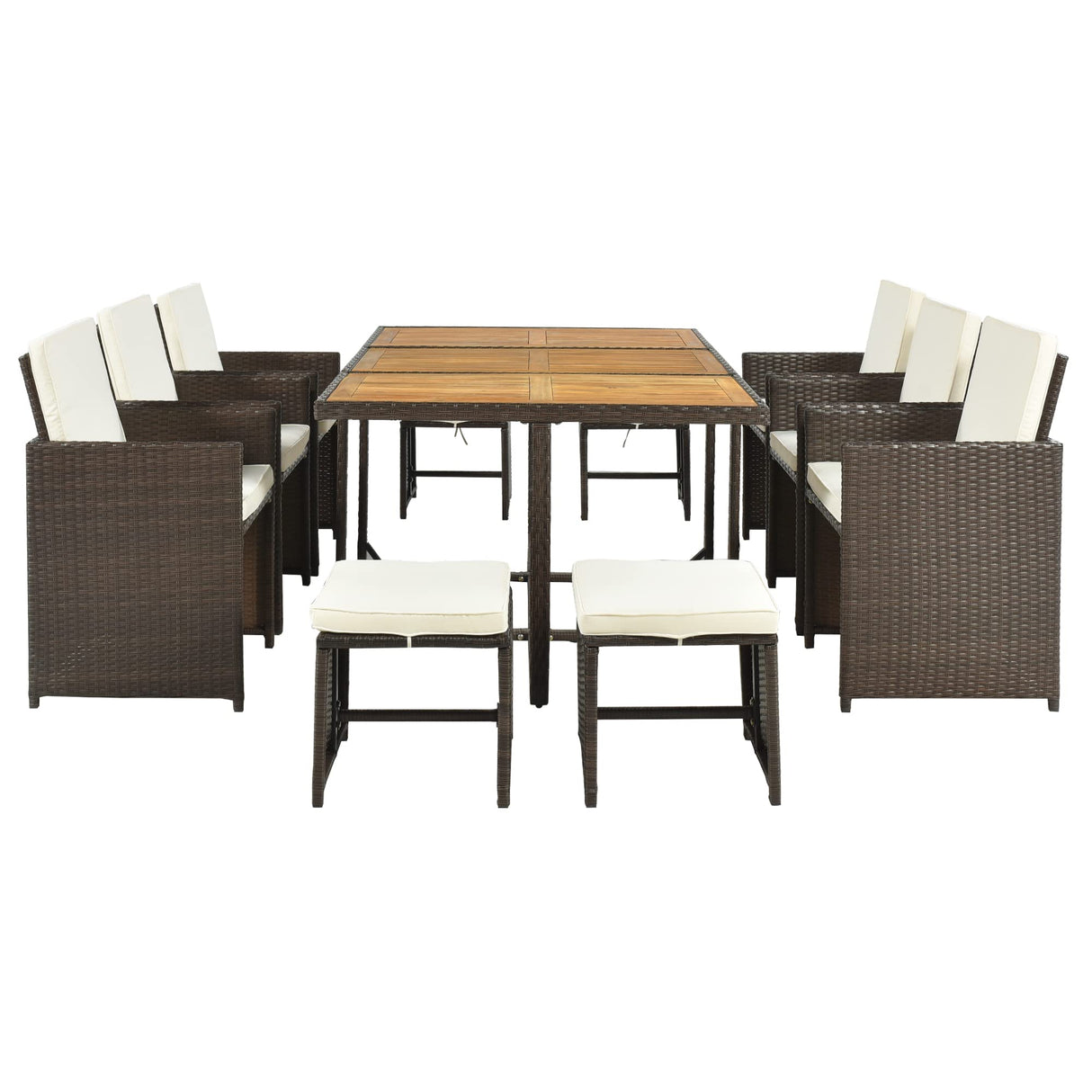 11-Piece All-Weather Outdoor PE Wicker Dining Table Set, Acacia Wood Table with Adjustable Feet and Foldable Dining Chair, Rattan Dining Furniture Set, Space-Saving VilroCaz