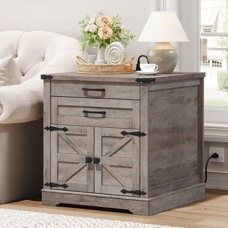 RALGEND Farmhouse End Table with Charging Station, 24'' Sofa Side Table with 2 Drawers and Barn Door, Large Rustic Wooden Square Nightstand for Bedroom, Living Room, Greige RALGEND