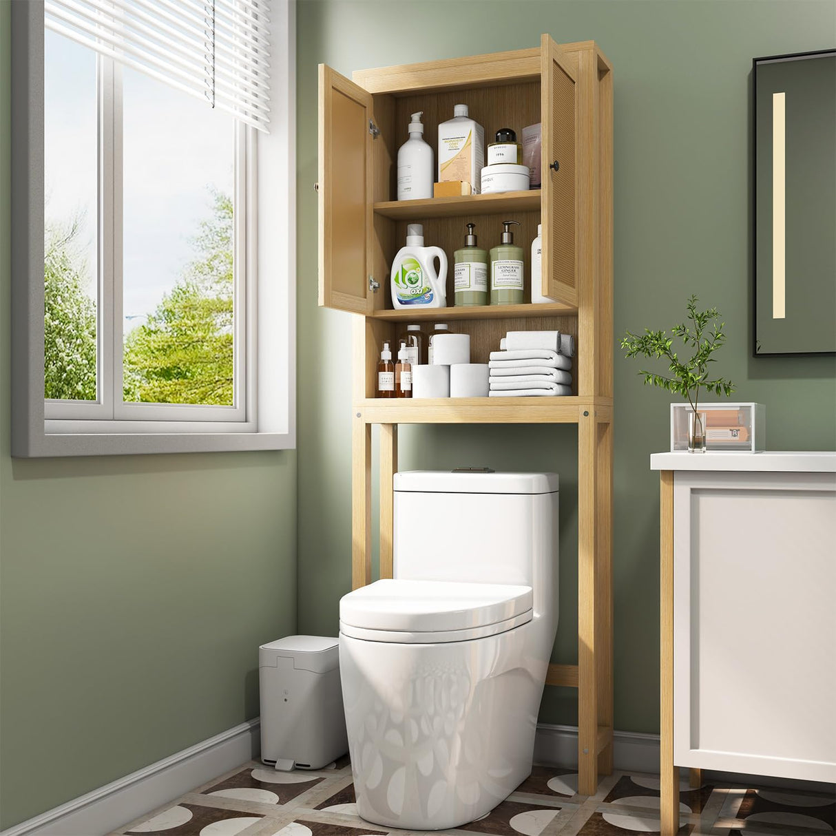 Rattan Over The Toilet Storage Cabinet – Chic Bathroom Organiser with Adjustable Shelf and Space-Saving Design knoworld