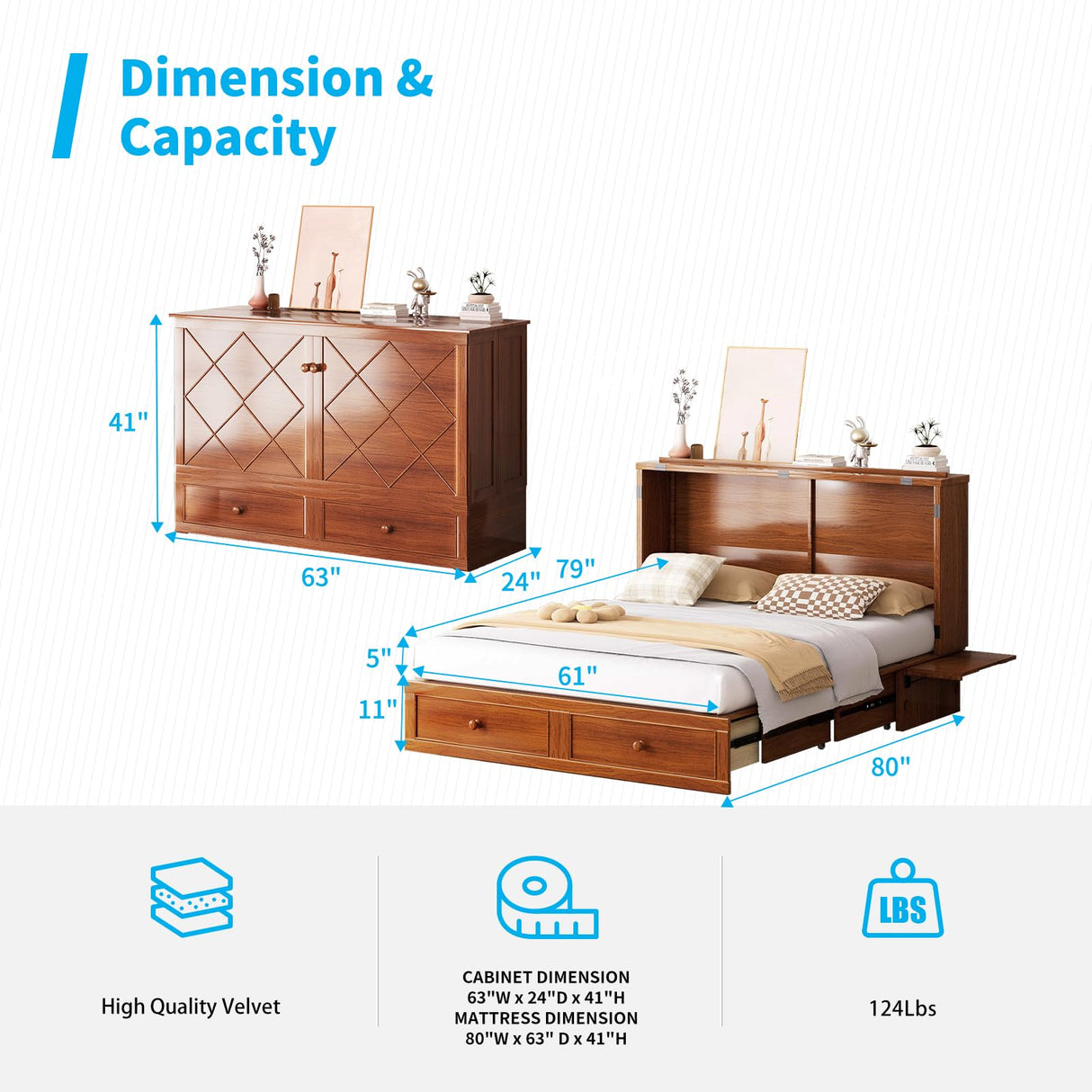 Mjkone Queen Murphy Bed Cabinet with Tri-Folding Mattress, Distressed Wooden 63" W Cabinets Wall Chest Beds with Built-in Charging Station & Storage Drawer for Office Guest Bedroom Living Room, Cherry Mjkone