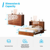 Mjkone Queen Murphy Bed Cabinet with Tri-Folding Mattress, Distressed Wooden 63" W Cabinets Wall Chest Beds with Built-in Charging Station & Storage Drawer for Office Guest Bedroom Living Room, Cherry Mjkone