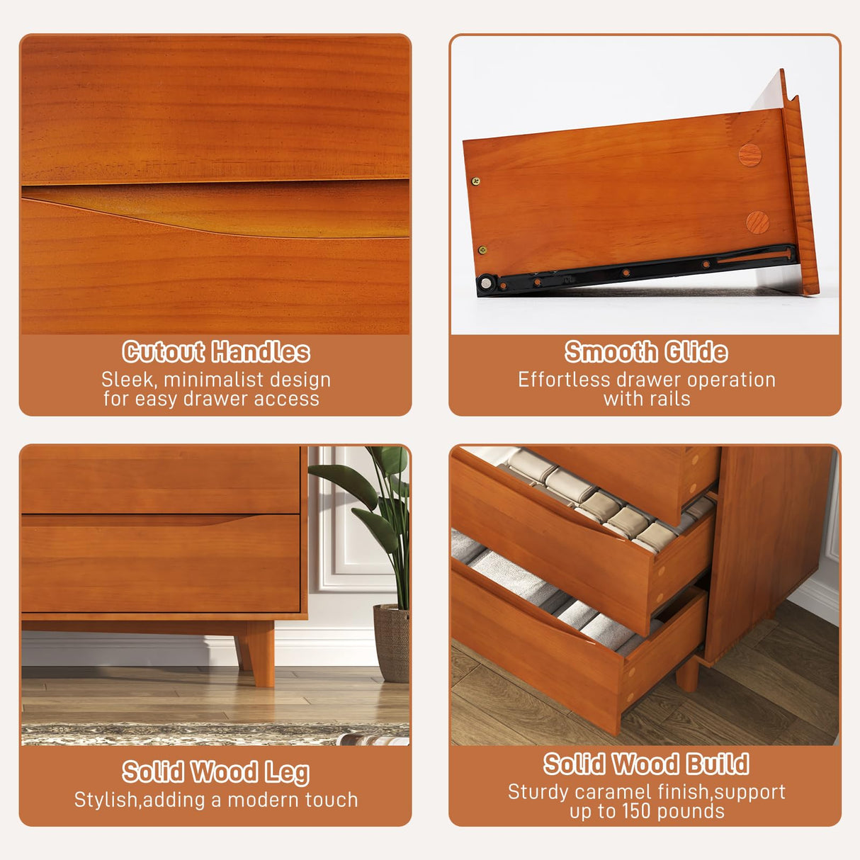 chartustriable 55”Solid Wood Drawers Dresser with Power Outlets, 7 Drawer Dresser for Bedroom, Mid Century Modern Vintage Large Chest of Dresser for Hallway, Entryway,Cutout Handle, Caramel chartustriable