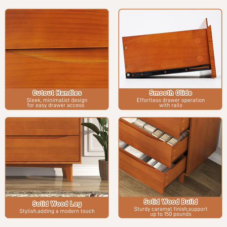 chartustriable 55”Solid Wood Drawers Dresser with Power Outlets, 7 Drawer Dresser for Bedroom, Mid Century Modern Vintage Large Chest of Dresser for Hallway, Entryway,Cutout Handle, Caramel chartustriable