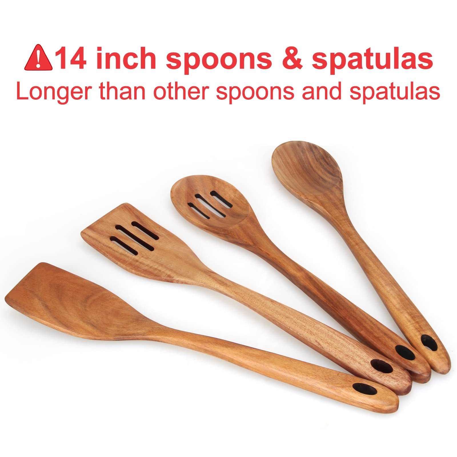 4-Piece 14" Large Wooden Utensils Set for Cooking Spatula Long Handled Slotted Spoon Non-Stick Utensil Slotted Turner Mixing Spoons with Hole Best Wood Kitchen Spatula Stirring Serving Spoons - WoodArtSupply