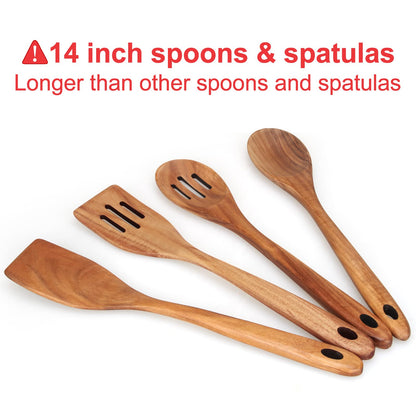 4-Piece 14" Large Wooden Utensils Set for Cooking Spatula Long Handled Slotted Spoon Non-Stick Utensil Slotted Turner Mixing Spoons with Hole Best Wood Kitchen Spatula Stirring Serving Spoons - WoodArtSupply