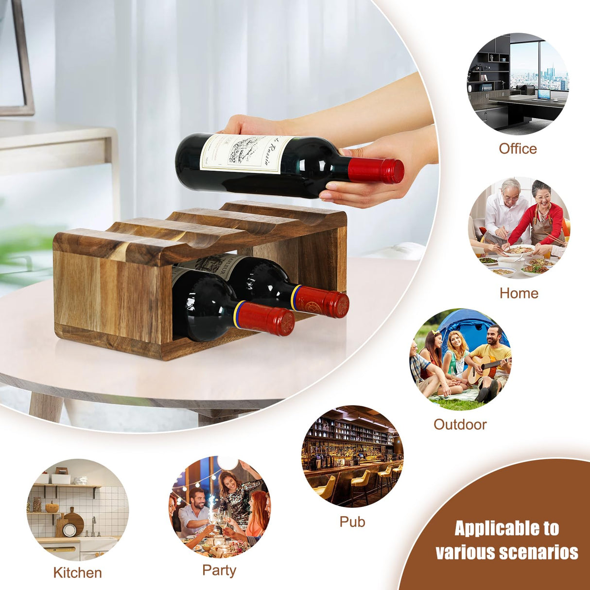 Jotboom Acacia Wine Racks Countertop,Wooden 6 Bottle Wine Rack,Wine Bottle Holder for Inside Cabinet,Small Tabletop Wine Holder Stand for Home Décor,Bar,Party Jotboom