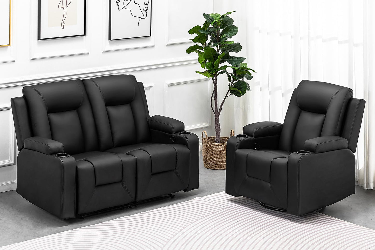 COMHOMA Recliner Chair Set，Furniture Bonded Leather Recliner Set Living Room Set, Sofa, Loveseat, (Black, Living Room Set 2+1)