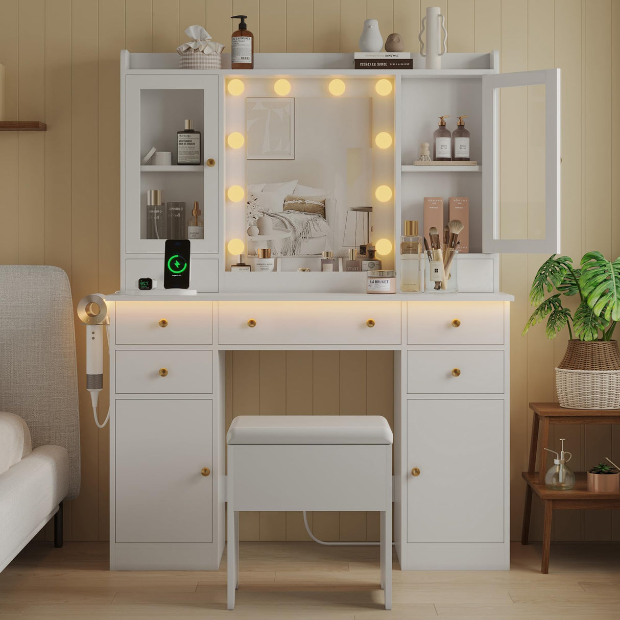 Makeup Vanity Desk with Mirror and Lights, White Vanity Table Set with Storage Drawers, Charging Station, Cabinets & Chair, Large Dressing Table with RGB Ambient Light for Women Girls Bedroom Bathroom Xixini