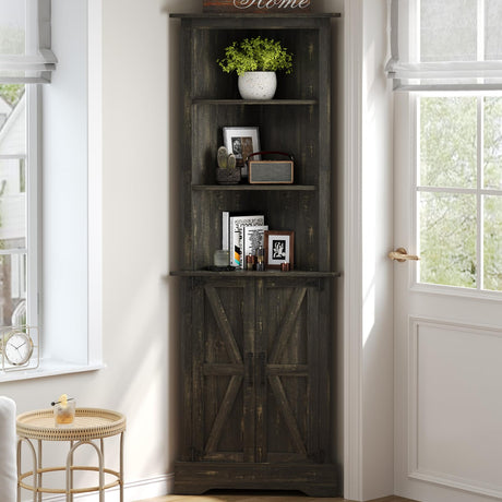 4 EVER WINNER Tall Corner Cabinet with Barn Doors, 5-Tier Farmhouse Storage Cabinet with Adjustable Shelves for Corner, Home Space Saver for Living Room, Bathroom, Hallway, Rustic Oak 4 EVER WINNER