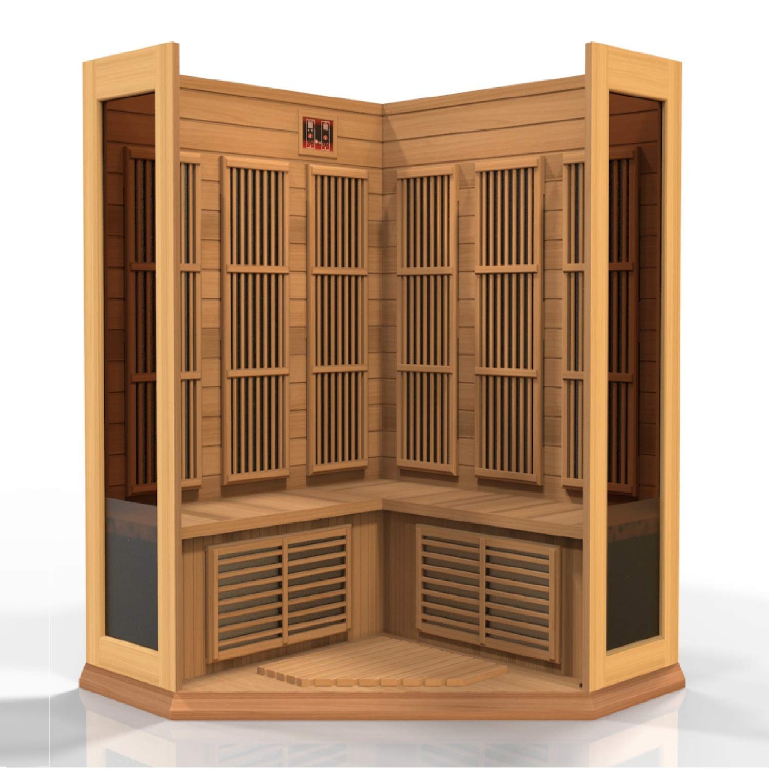 Maxxus 3 Per Low EMF FAR Infrared Carbon Corner Canadian Red Cedar Sauna - WoodArtSupply