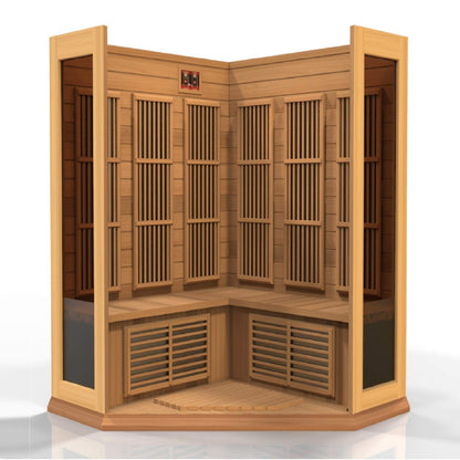 Maxxus 3 Per Low EMF FAR Infrared Carbon Corner Canadian Red Cedar Sauna - WoodArtSupply