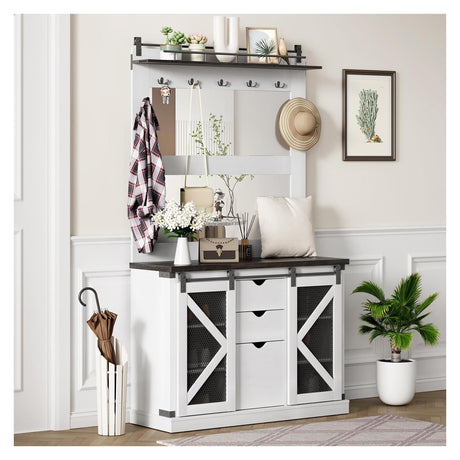 TROPOW Home Farmhouse Hall Tree with High-Definition Mirrors, Spacious Storage Space, and Stable Shoe Cubbies - Multifunctional Coat Rack and Bench for Entryway, White TROPOW