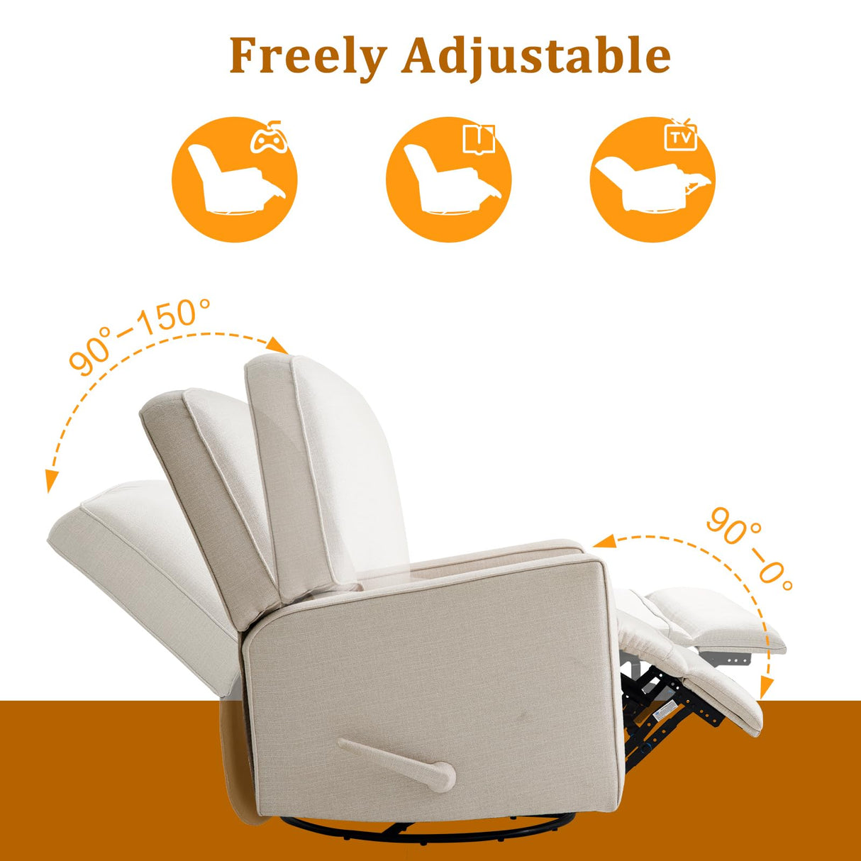 KeyEnergy Swivel Rocker Recliner Chair for Adults, High Back Fabric Recliner with Deep Seat, Manual Glider for Living Room & Nursery, Beige KeyEnergy