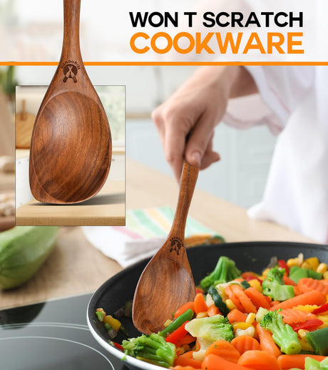 Wooden Spoons for Cooking, Natural Premium Teak Wood Corner Spoon, Good Grip Large Wooden Spoons and Wooden Spatula, Heat Resistant Wooden Cooking Utensils for Nonstick Cookware Cooking Gifts ICSTI