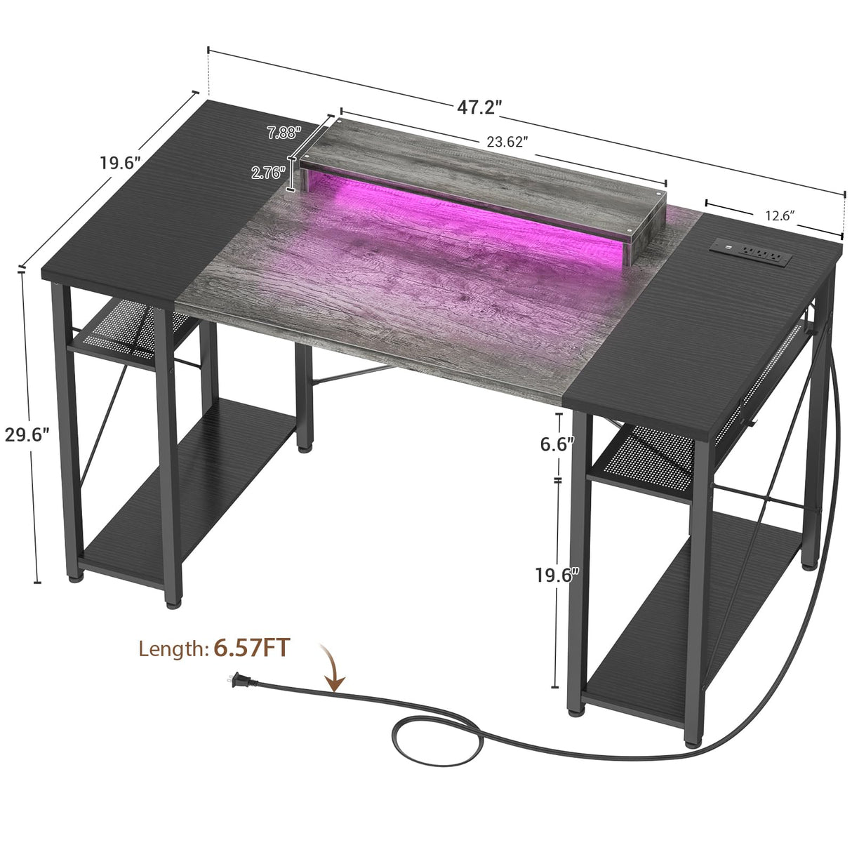 armocity Computer Desk with LED Lights, 48 Inch Reversible Large Desk with Power Outlet and USB, 48'' Gaming PC Table with Moveable Monitor Stand for Home Office, Workstation, Grey and Black armocity