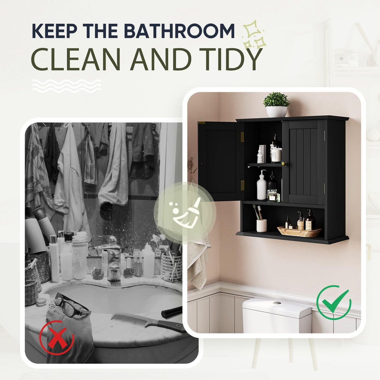 Smuxee Black Wall Cabinet, Small, 2-Door Medicine Cabinet with Adjustable Shelves, Over Toilet, For Kitchen and Laundry Rooms Smuxee