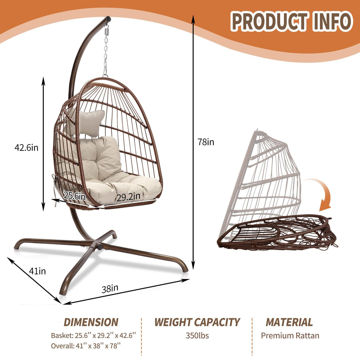 NICESOUL Swing Egg Chair with Stand Indoor Outdoor, Comfy Rattan Patio Basket Hanging Chair with Cushion & Pillow, 350lbs Weight Capacity Egg Hammock Chairs with Base for Bedroom Balcony, Brown NICESOUL