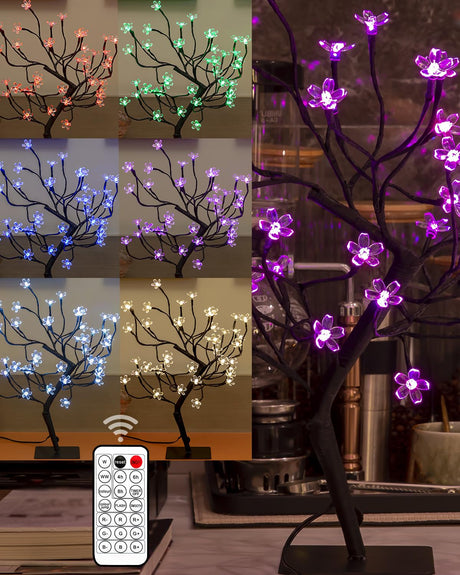 Tybeeu 20 Inch Cherry Blossom Bonsai Tree, Full-Color DIY Dimming and Mixing, with 24V UL-Listed Adapter and Metal Base, Ideal as Night Lights, RGB Color Changing Lights TYBEEU