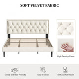 CXVX King Size Platform Bed Frame with Upholstered Velvet Button Tufted Headboard, Mattress Foundation with Wooden Slat Support, No Box Spring Needed, Easy Assembly, Noise Free, Beige CXVX