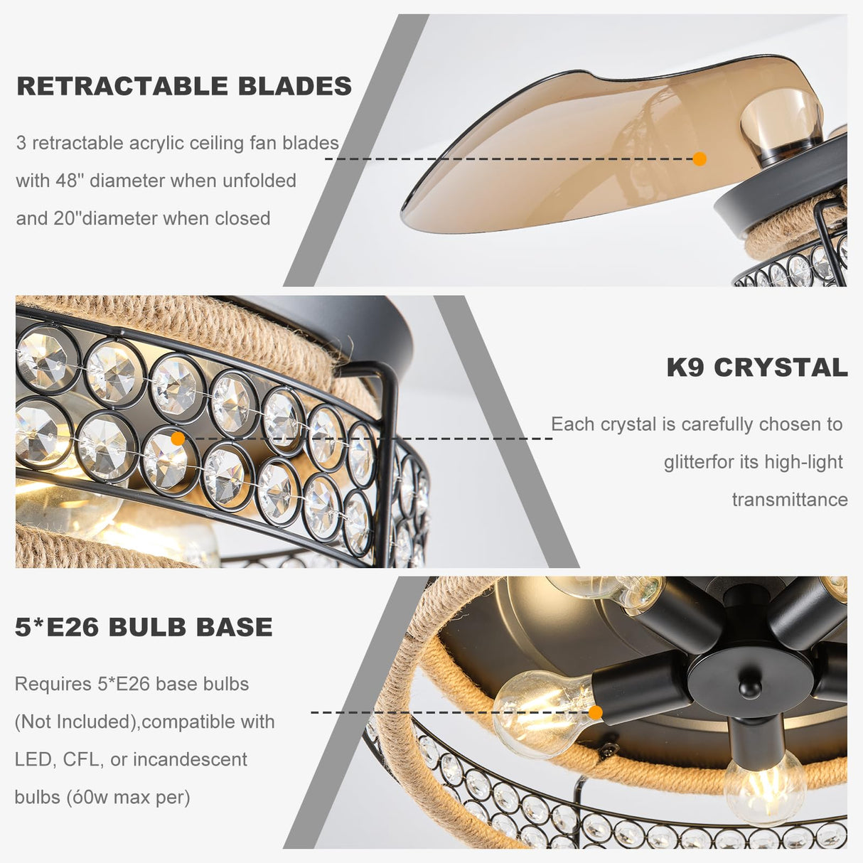 48 Inch Retractable Ceiling Fans with Lights and Remote, Industrial Black Fandelier with 3 Retractable ABS Blades, Invisible Crystal Chandelier Fan for Bedroom Living Room Dining Room (Hemp Rope) Oiotwo