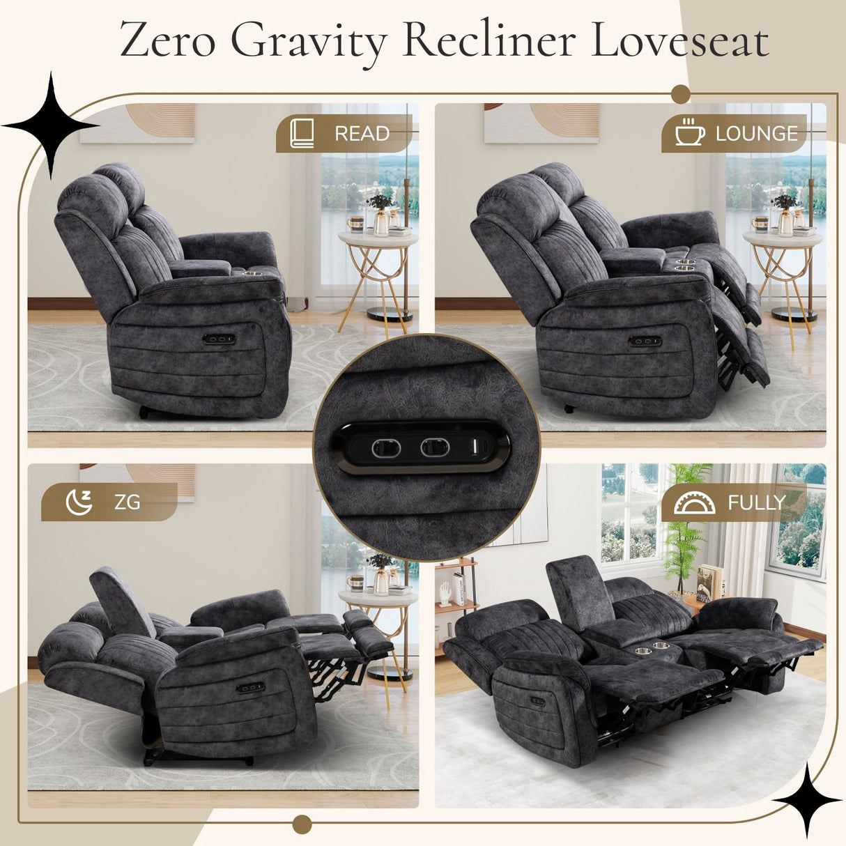 Neptane Power Reclining Loveseat with Zero Gravity, Adjustable Headrest, Electric Reclining Loveseat with Console, USB/Type-C Ports, Power Loveseat Recliner Sofa for Living Room (Grey, Loveseat) Neptane