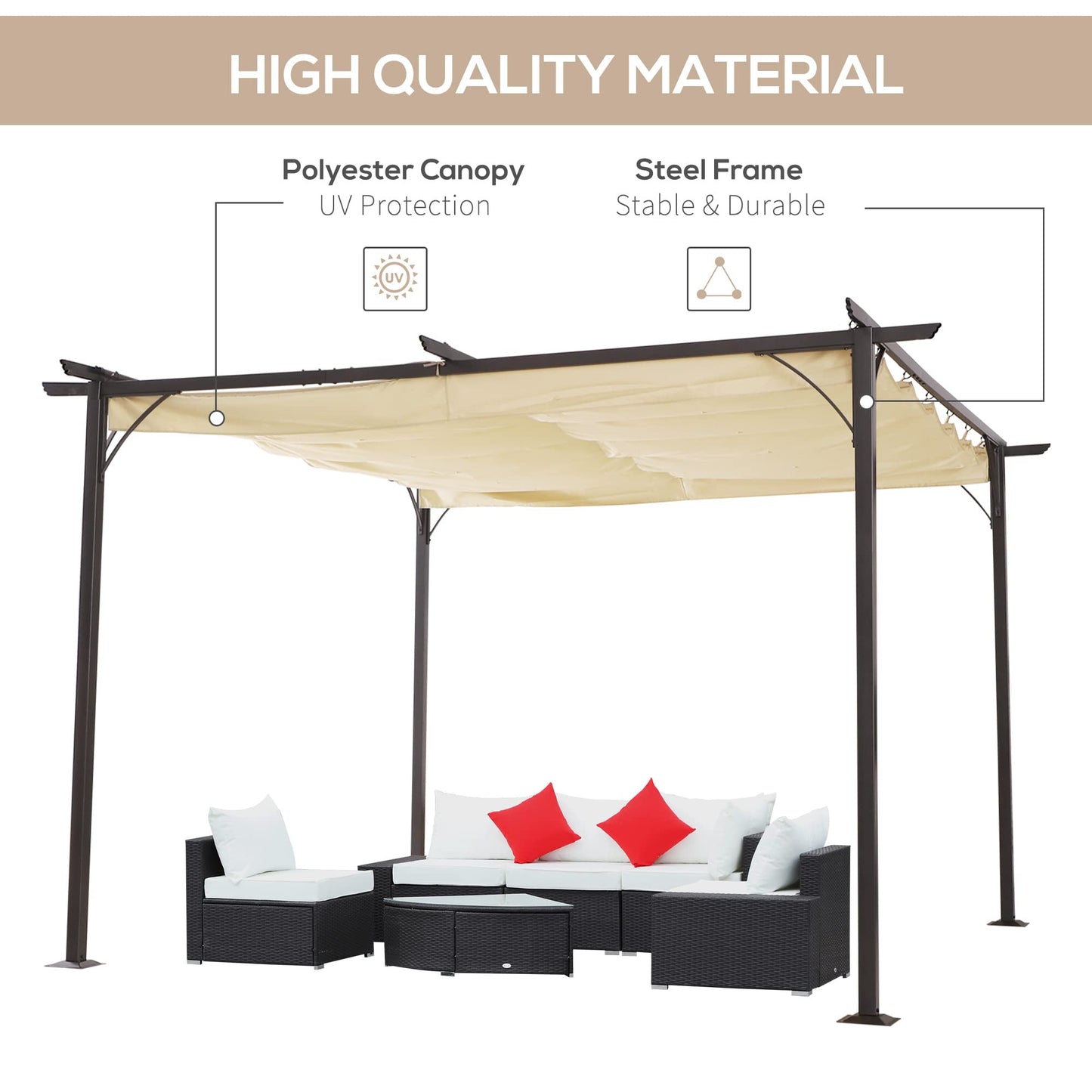 Outsunny 11.5' x 11.5' Retractable Pergola Canopy, Outdoor UV Protection & Sun Shade, Steel Frame for Garden, Grill, Patio, Backyard, Beige