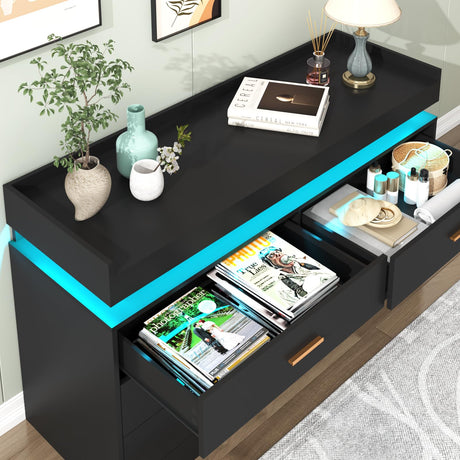 Hlivelood 6 Drawer Dresser with LED Light, Modern Chest of Drawers for Closet, Wide Drawer Organizer Cabinet for Bedroom, Living Room, Entryway, Hallway(Black) Hlivelood