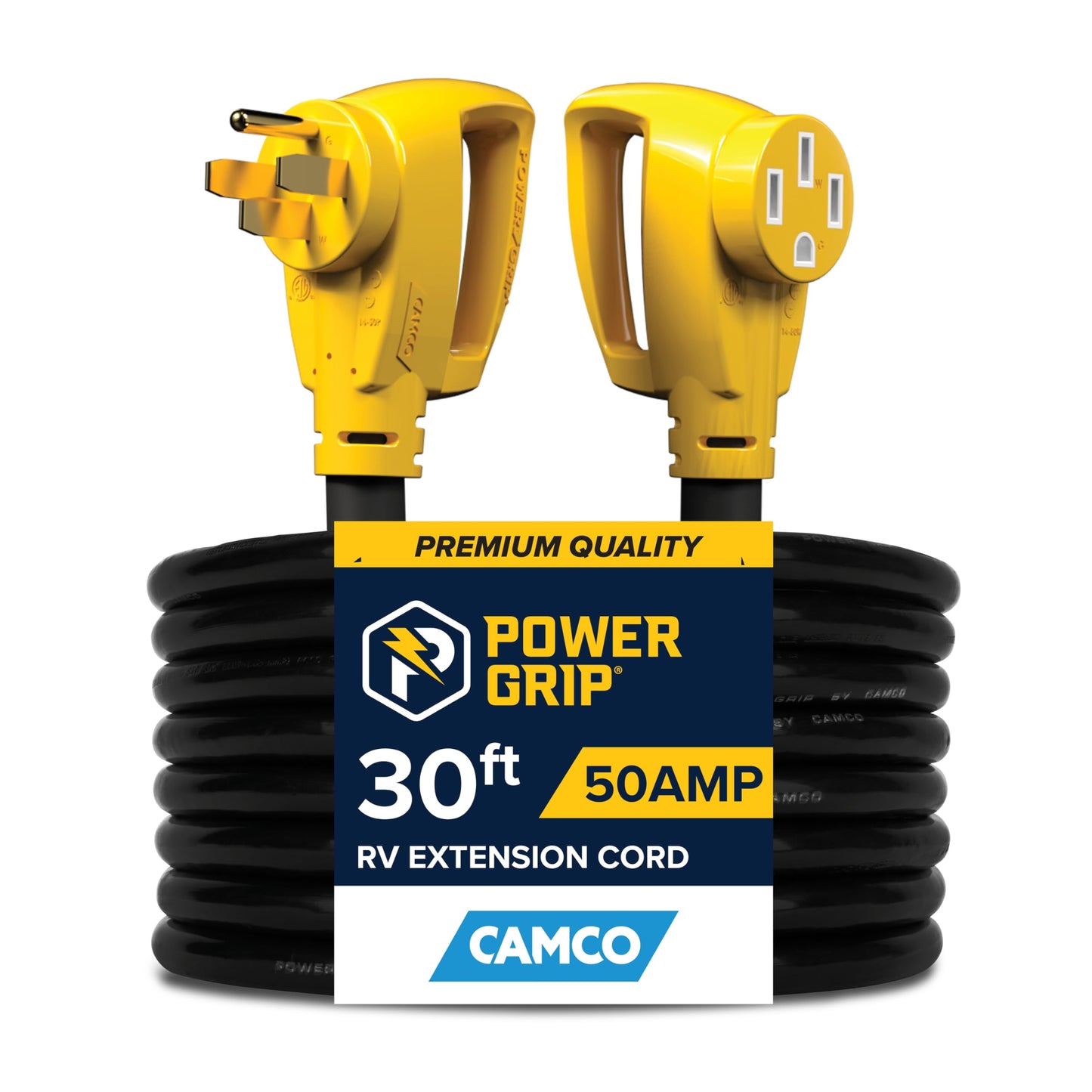 Camco Power Grip 30-Ft 50 Amp RV Extension Cord - Rated for 125/250 V/12,500 W - Features Copper 6/3 + 8/1-Gauge Wires for Superior Conductivity & Coated w/Heat-Resilient PVC (55195) - WoodArtSupply