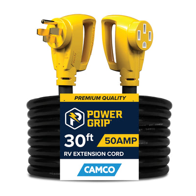 Camco Power Grip 30-Ft 50 Amp RV Extension Cord - Rated for 125/250 V/12,500 W - Features Copper 6/3 + 8/1-Gauge Wires for Superior Conductivity & Coated w/Heat-Resilient PVC (55195)