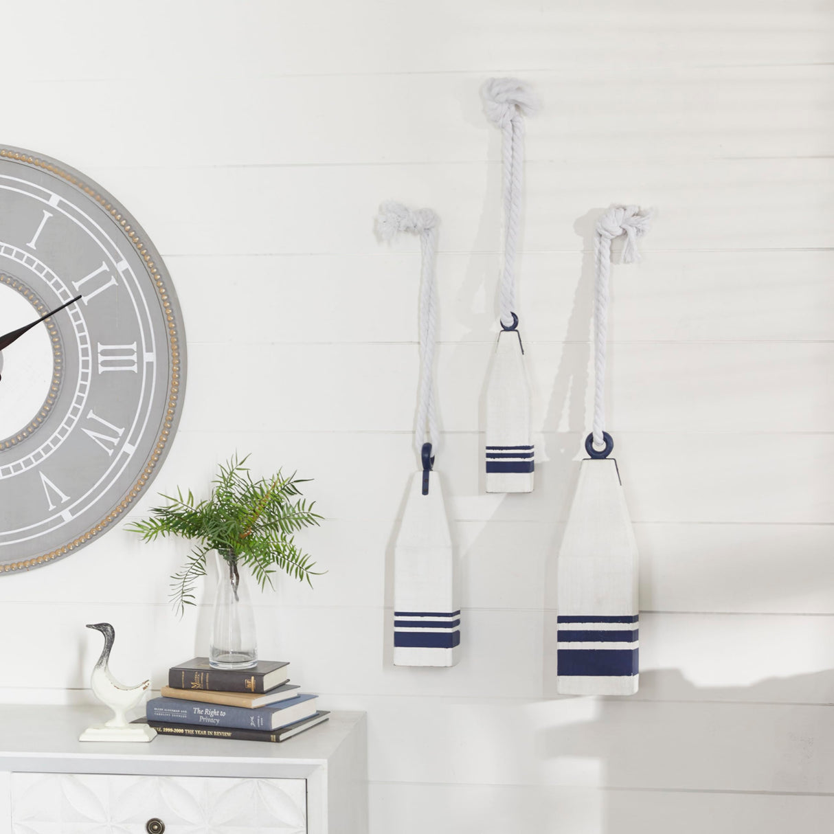 Deco 79 Wood Buoy Handmade Decorative Sculpture Home Decor Statues with Rope Accents, Set of 3 Accent Figurines 17", 15", 12"H, White Deco 79