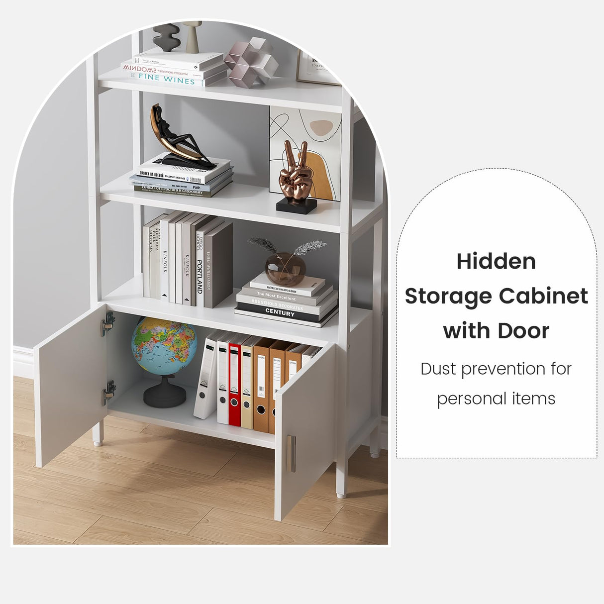 Saudism Arched Bookshelf with Doors, 71" Tall Industrial Bookcase with Sturdy Metal Frame, Freestanding Display Shelving Unit, White Geometric Book Shelf for Lving Room, Bedroom, Home Office Saudism