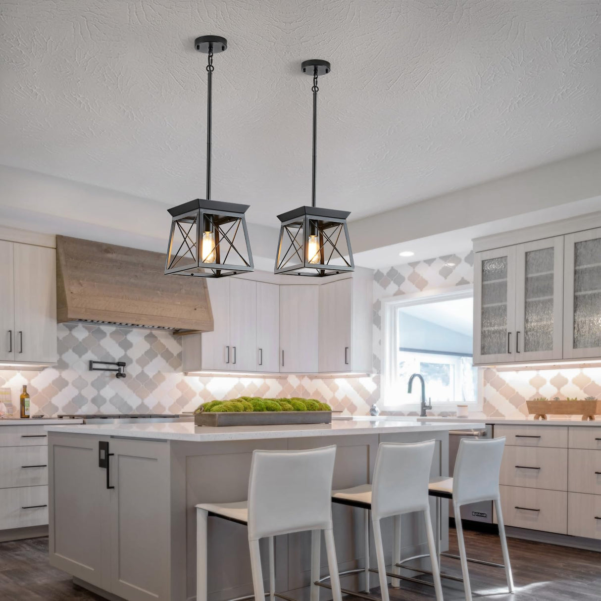 HuixuTe Black Farmhouse Pendant Lights, Industrial Kitchen Island Lighting, Rectangle Linear Cage Chandeliers for Kitchen, Dining Room Table HuixuTe