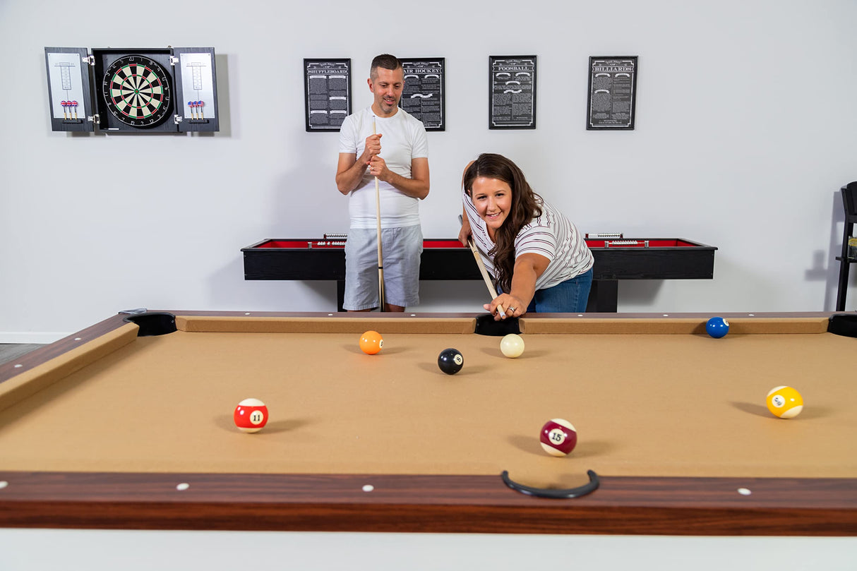 Hathaway Newport 7-ft Pool Table Tennis Combination with Dining Top, Two STO Newport II 7-ft Pool Table Combo Set with Benches - White with Camel Feltrage Benches with Accessories - Walnut Hathaway