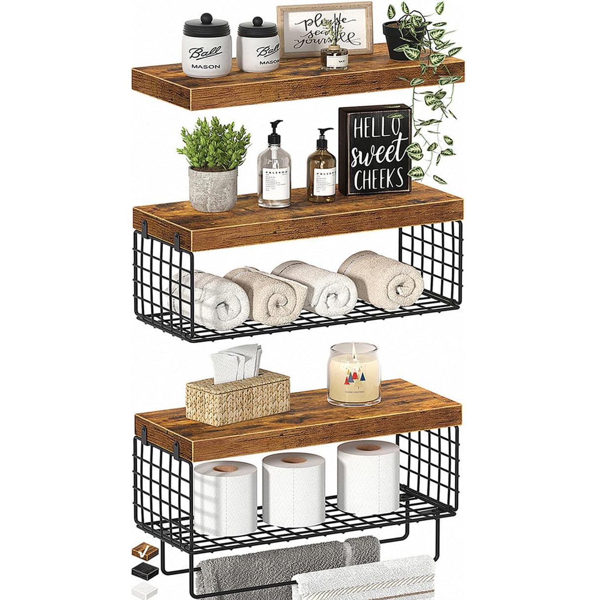 KLUVIS Bathroom Floating Shelves for Wall - Farmhouse Shelf Over Toilet Small 16 inch Set of 3, Rustic Brown (13BN3) KLUVIS