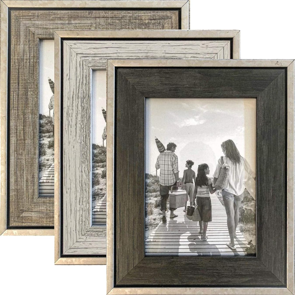 Tasse Verre 5x7 Rustic Picture Frames 3-Pack, Distressed Farmhouse-Style Table Frame, Brushed Industrial Silver Metal Look Frame with Wood Looking Insert, Ready-to-Hang Hooks. Tasse Verre