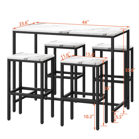 Yongchuang Modern 5 Piece Bar Table Set with White Faux Marble Top and 4 Backless Stools Yongchuang