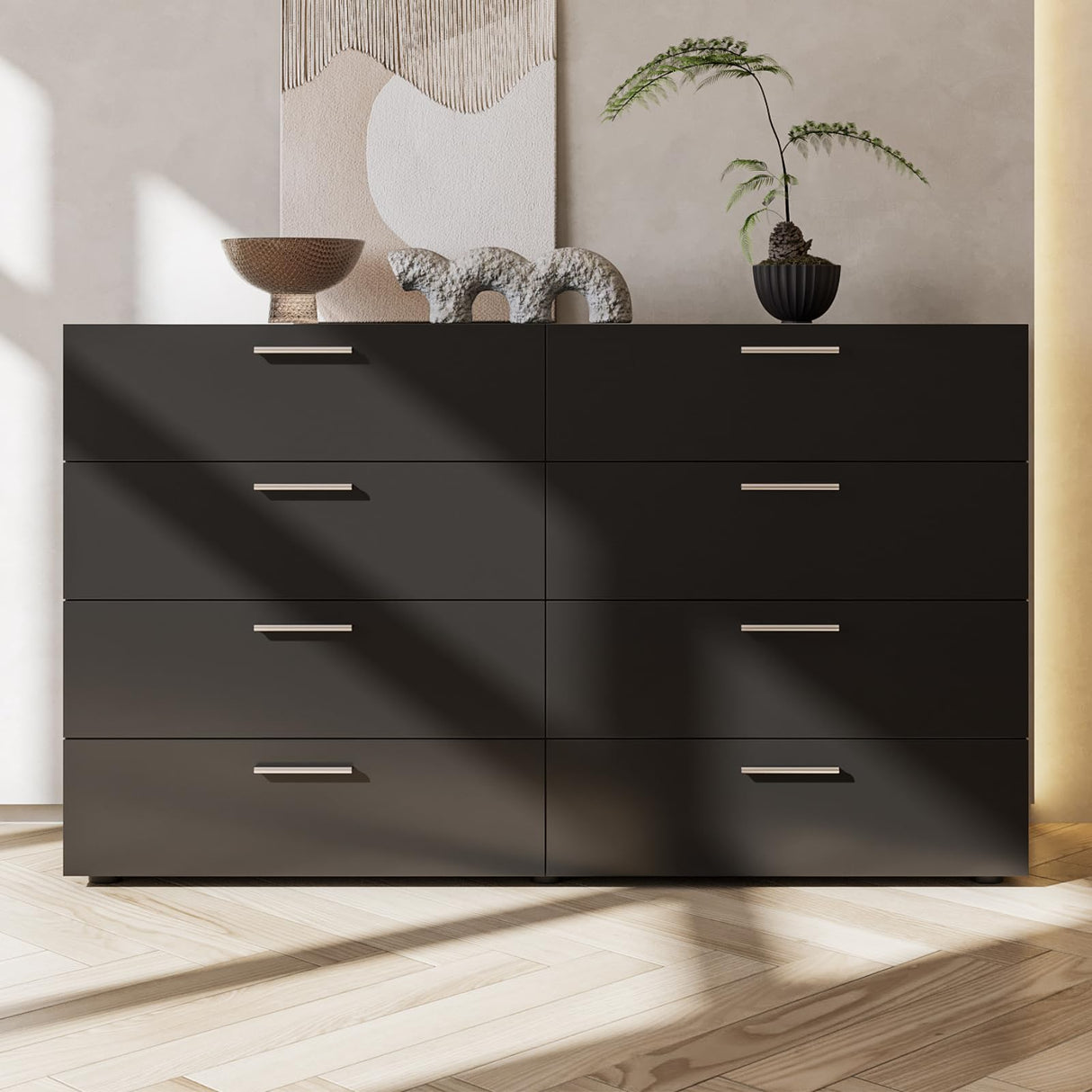 GODECOR 8 Drawer Dresser for Bedroom, Black Chest of Drawers, Wooden Bedroom TV Stand, Large Dresser Storage Chest with Deep Drawers, Living Room Furniture, 55.1" GODECOR