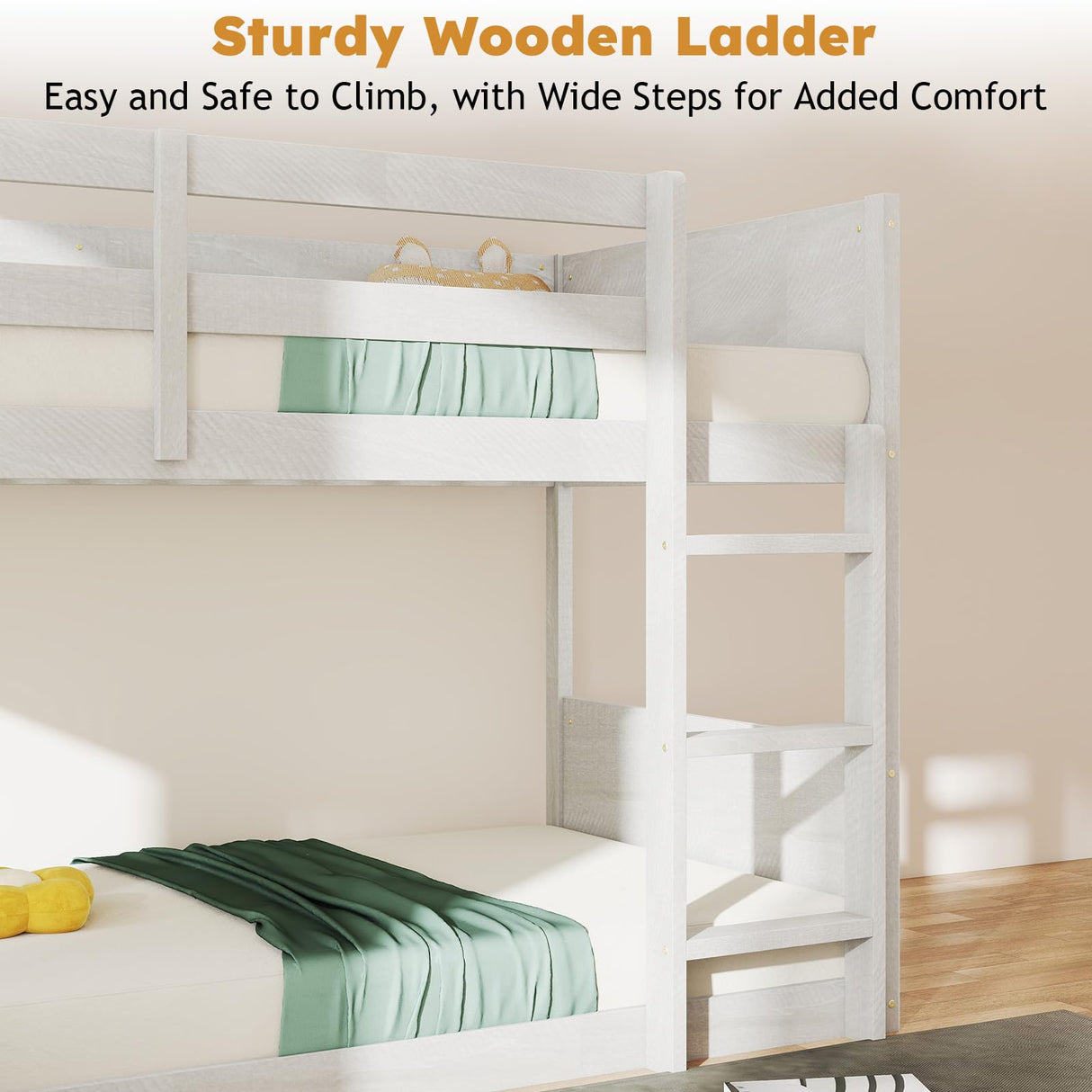 Zevemomo Wooden Bunk Bed Twin Over Twin, Low Bunk Bed, Solid Rubberwood Bed Frame with Built-in Ladder, Floor Bunk Bed for Bedroom, Space Saving, No Box Spring Needed, Antique White Zevemomo