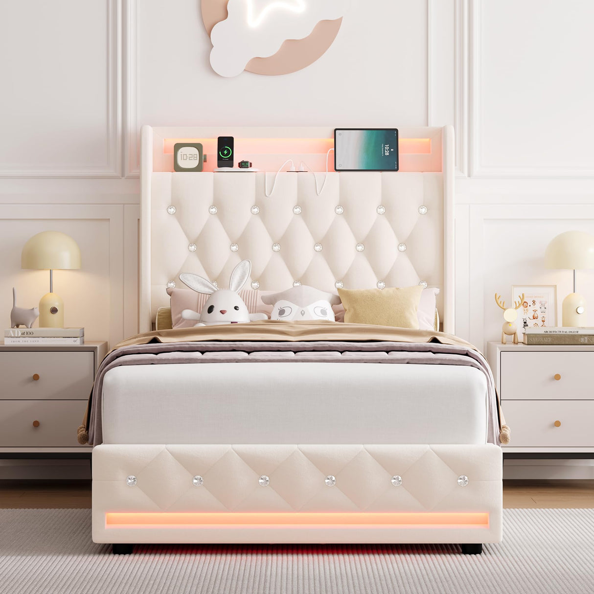 HIFIT Full LED Bed Frame with Charging Station and 4 Storage Drawers, Velvet Upholstered Platform Bed with Handcrafted Crystal Button Wingback Headboard, Metal Frame with No Box Spring Needed, Beige HIFIT