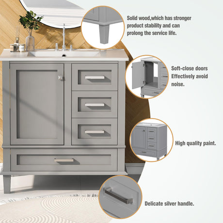 30" Bathroom Vanity with Sink, 30 Inch Bathroom Vanity with Top, 3 Drawers and 1 Soft Closing Door, Modern Bathroom Vanity with Sink 30 Inch for Bathroom (Grey) Mirightone