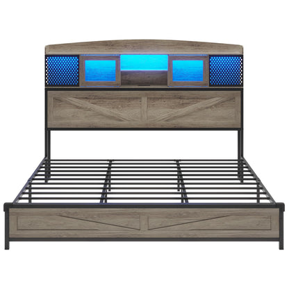 HAUOMS Rustic Oak King Size Bed Frame with LED Lights, Storage Headboard, and Charging Station - WoodArtSupply