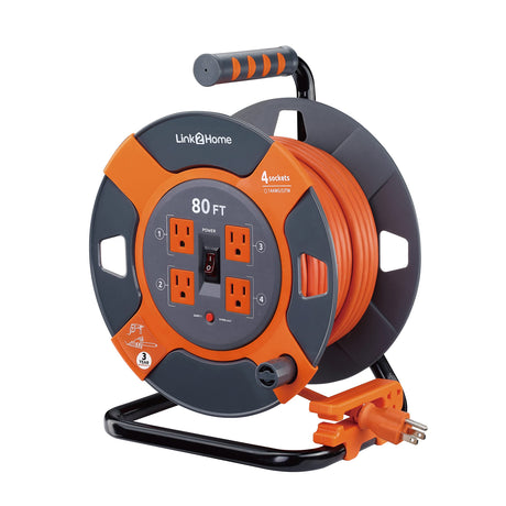 Link2Home Cord Reel 80 ft. Extension Cord 4 Power Outlets – 14 AWG SJTW Cable. Heavy Duty High Visibility Power Cord. Link2Home