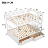 Full Size Bunk Bed with 2 Storage Drawers,Wooden Full Bunk Bed Frame with Fence-shaped Guardrails and Ladder, Convertible into 2 Platform Beds with Headboard and Footboard, No Box Spring Needed, White Janusline